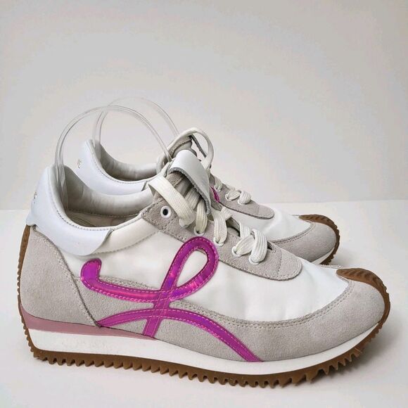 LOEWE Flow Runner Sneakers Womens 7 EU38 Nylon Suede Leather Trainers White Pink - Picture 1 of 12